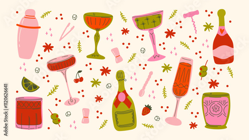 Cartoon prosecco cocktails in glass jars and glasses, a set of alcoholic drinks. Retro cans of refreshing drinks with ice for party. cocktail ingredients. trending doodle stickers