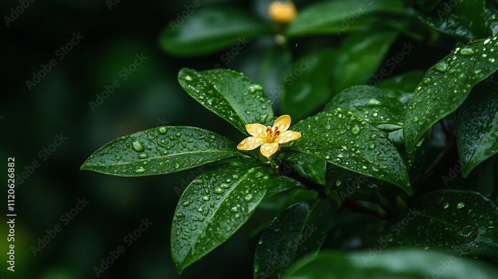 Vibrant Yellow Flower Amidst Lush Green Leaves with Dew Drops : Generative AI Vibrant Yellow Flower Amidst Lush Green Leaves with Dew Drops : Generative AI