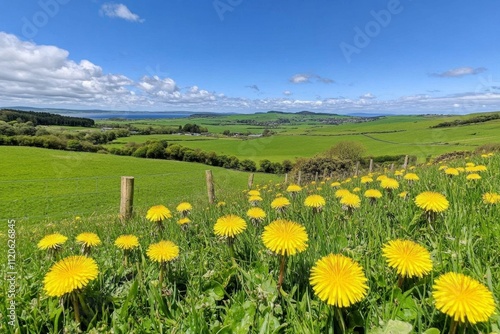 A serene shot of a meadow filled with dandelions in various stages of growth, from yellow blooms to white seed heads photo