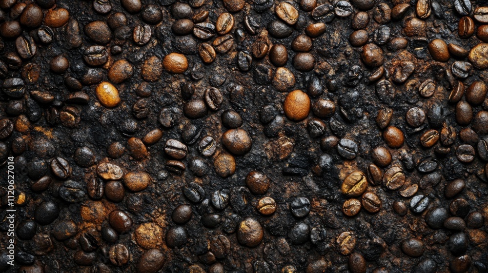 Top view of roasted coffee beans scattered on a rustic surface Top view of roasted coffee beans scattered on a rustic surface
