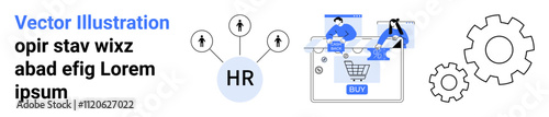 Human resources circle with arrows, people collaborating on devices, shopping cart with BUY button, two gear icons. Ideal for HR, collaboration, e-commerce, teamwork, technology mechanics