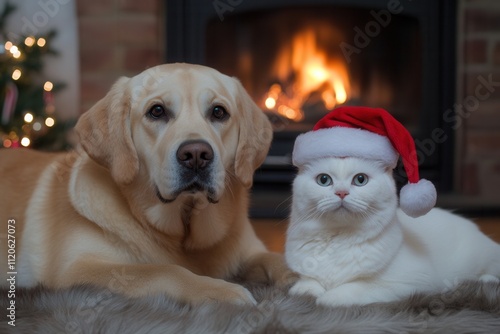 A lovable dog and cat with Santa hats in a Christmas-decorated room. Cute pets