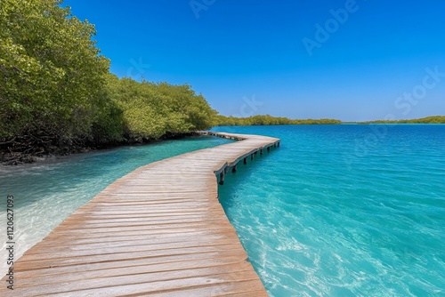 A serene shot of mangroves in Abu Dhabi, with wooden pathways winding through lush greenery and calm blue waters photo