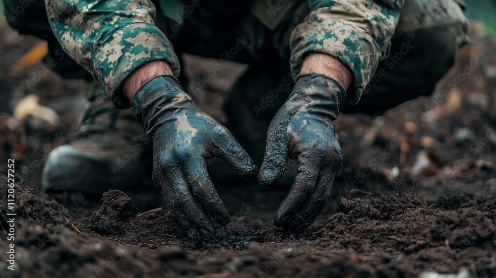 Fototapeta premium Soldier applying camouflage paint on his hands while kneeling on the ground generative ai