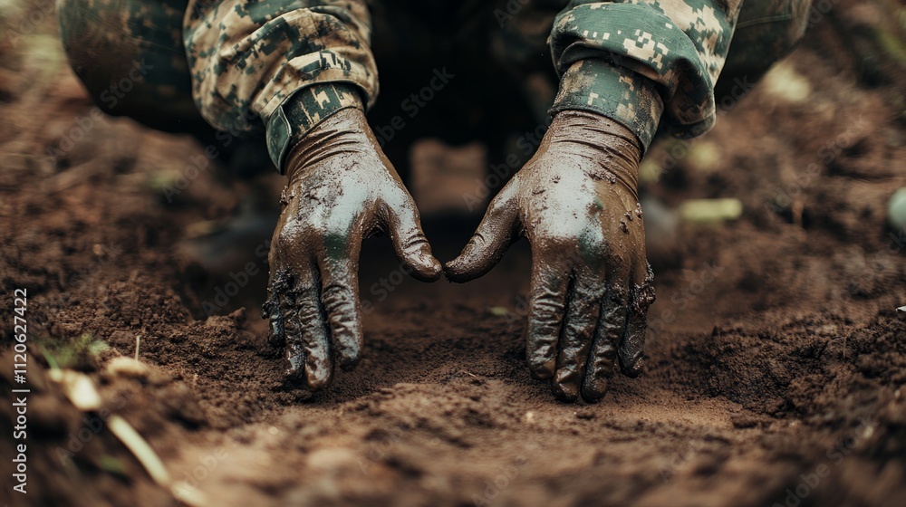 Fototapeta premium Soldier applying camouflage paint on his hands while kneeling on the ground generative ai