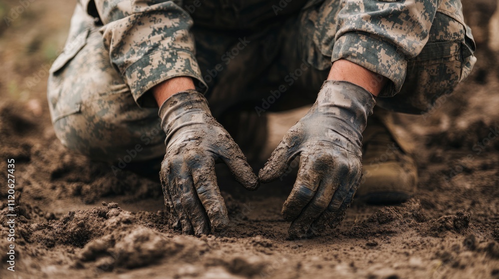 Fototapeta premium Soldier applying camouflage paint on his hands while kneeling on the ground generative ai