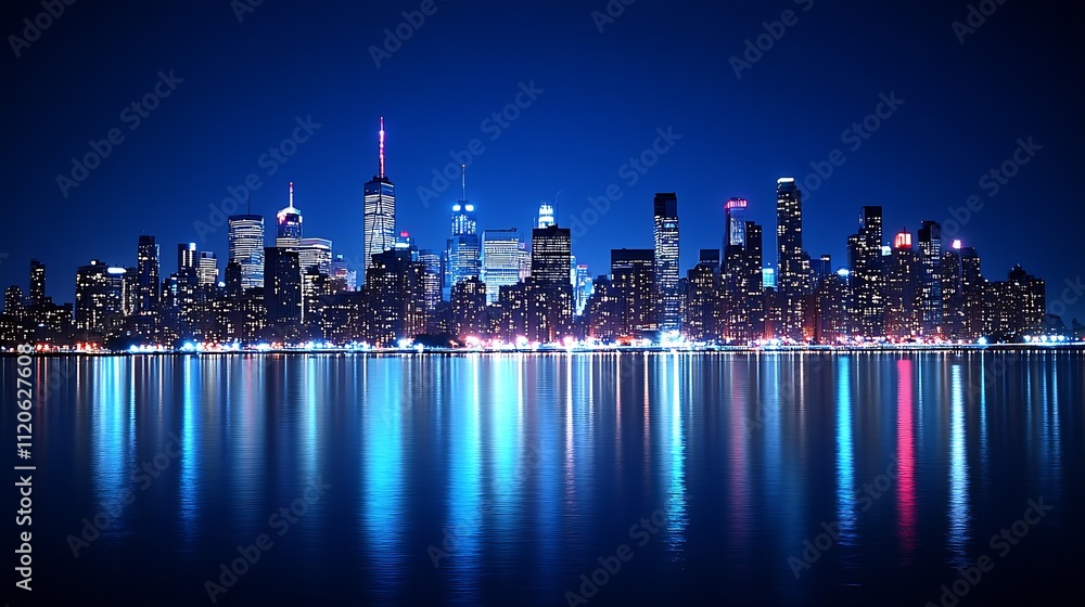 Fototapeta premium Illuminated City Skyline Overlapping Reflections in Water : Generative AI