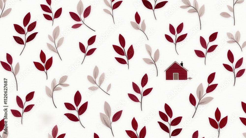 Red House Amidst Autumn Leaves Pattern Design Red House Amidst Autumn Leaves Pattern Design