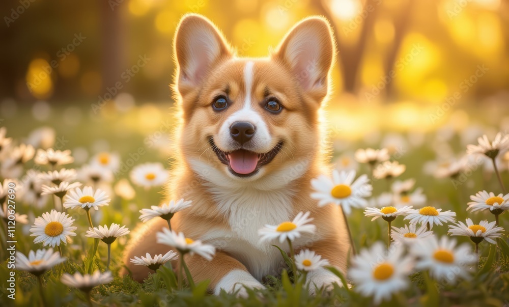 Happy corgi surrounded by daisies Happy corgi surrounded by daisies