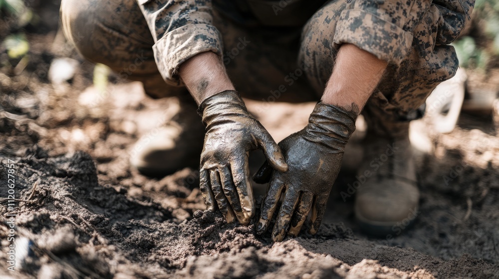 Soldier applying camouflage paint on his hands while kneeling on the ground generative ai Soldier applying camouflage paint on his hands while kneeling on the ground generative ai