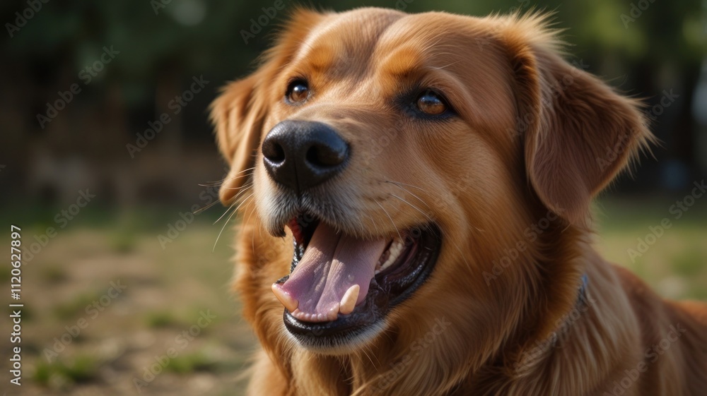Happy golden retriever dog panting outdoors. Happy golden retriever dog panting outdoors.