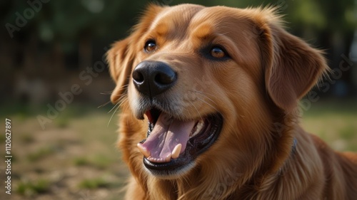 Happy golden retriever dog panting outdoors.