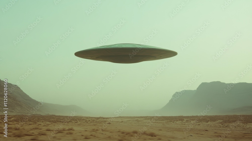 UFO Over Desolate Desert Landscape - Sci-Fi Scene UFO Over Desolate Desert Landscape - Sci-Fi Scene