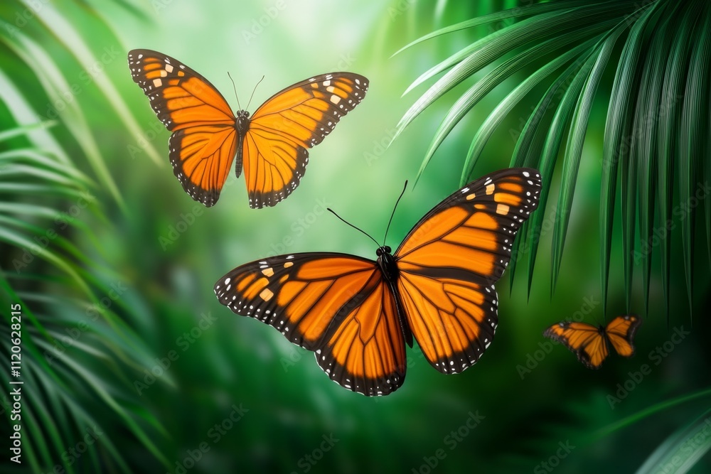 Obraz premium A vibrant 3D illustration of the life cycle of a butterfly, showing each stage in vivid, lifelike detail and set in a lush green environment