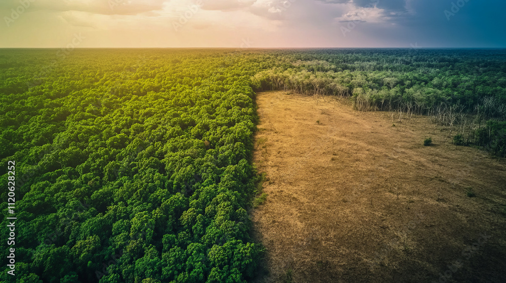Obraz premium Dramatic contrast between lush forest and deforested land under stormy sky