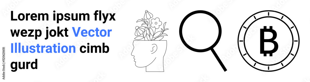 Head with flowers, magnifying glass, and Bitcoin symbol. Ideal for creativity, innovation, research, finance, technology, digital currency, and information Landing page Head with flowers, magnifying glass, and Bitcoin symbol. Ideal for creativity, innovation, research, finance, technology, digital currency, and information Landing page