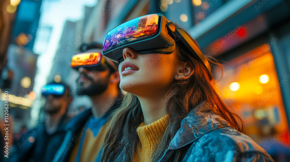 Young caucasian adults experiencing virtual reality outdoors in an urban setting Young caucasian adults experiencing virtual reality outdoors in an urban setting