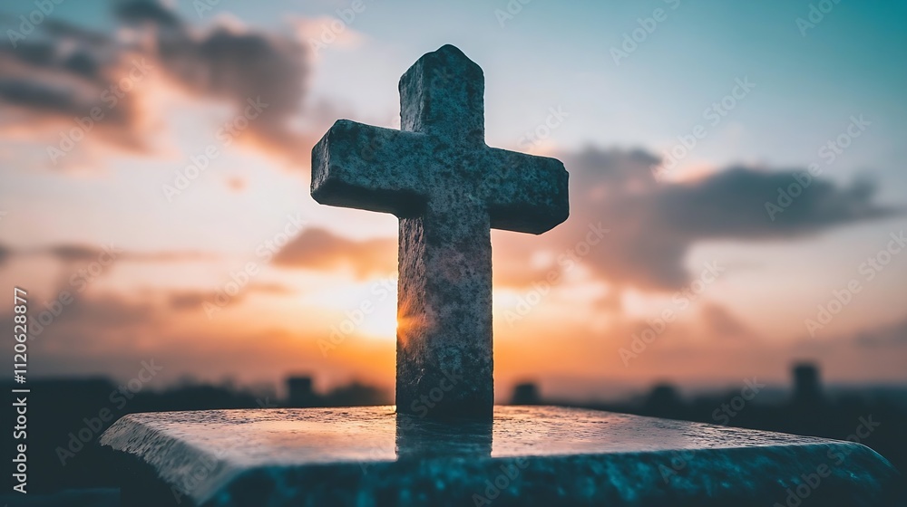 Sunset View of Stone Cross Silhouette Against Vibrant Sky Reflecting Hope and Spirituality : Generative AI Sunset View of Stone Cross Silhouette Against Vibrant Sky Reflecting Hope and Spirituality : Generative AI