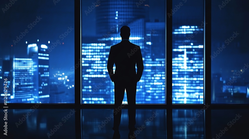 Fototapeta premium Corporate Leader Silhouette Against Urban Night Skyline Professional Business Conceptual : Generative AI