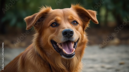 Happy golden-red dog portrait, outdoors.