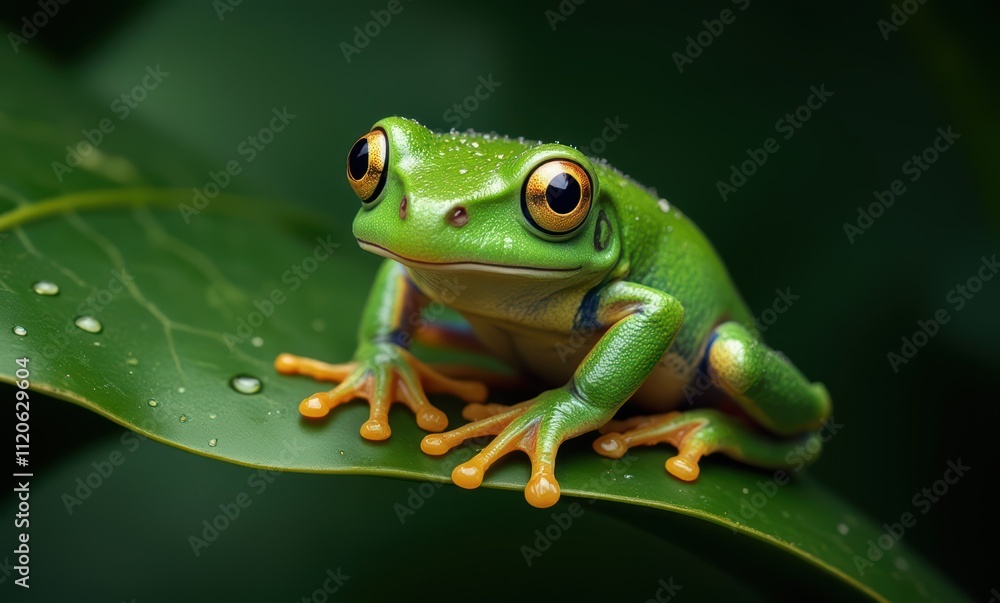 Vibrant green frog resting on a leaf Vibrant green frog resting on a leaf