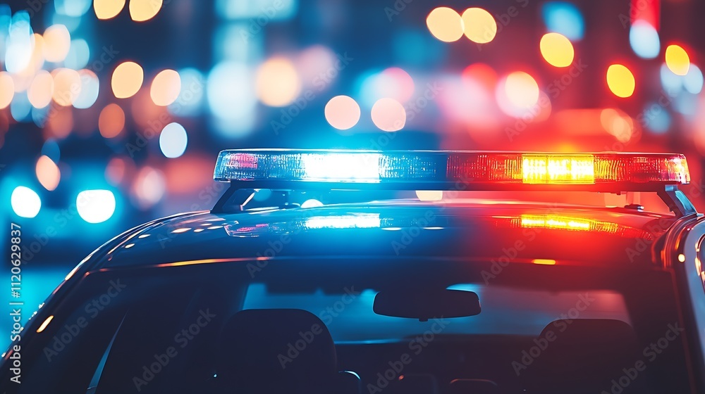 Police Vehicle Emitting Radiant Red and Blue Lights on Urban Roadway : Generative AI Police Vehicle Emitting Radiant Red and Blue Lights on Urban Roadway : Generative AI