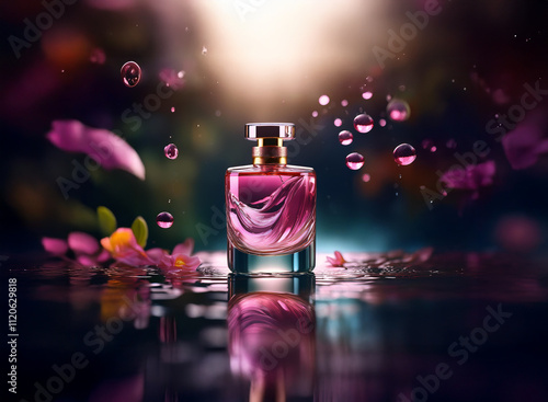 A pink perfume bottle sits on a dark reflective surface, surrounded by floating water droplets and flower petals.  The scene is dramatically lit, highlighting the fragrance's luxurious quality. photo