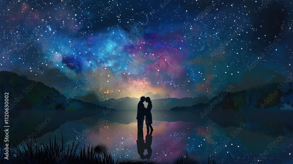 Fototapeta premium Couple Silhouettes Under a Starry Sky