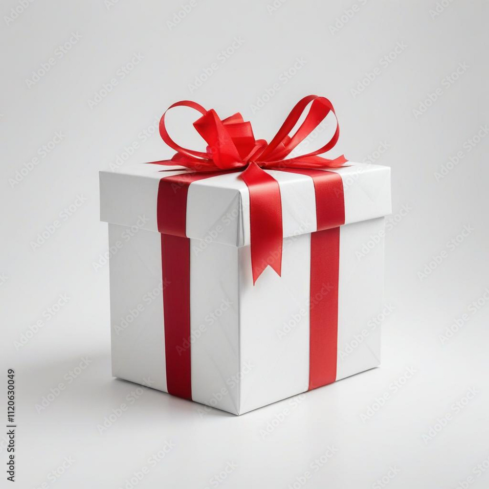 Fototapeta premium A wrapped gift box with a red ribbon bow on a white background