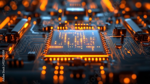 High Tech Neon Lit Circuit Board Featuring Prominent Microchip in Orange Light : Generative AI photo