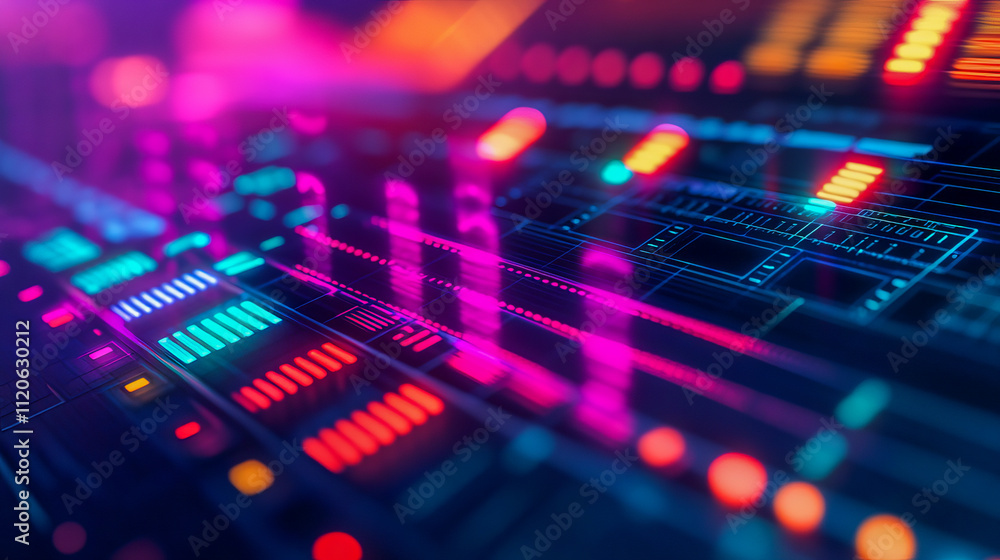Colorful neon light pattern in futuristic electronic circuit Colorful neon light pattern in futuristic electronic circuit