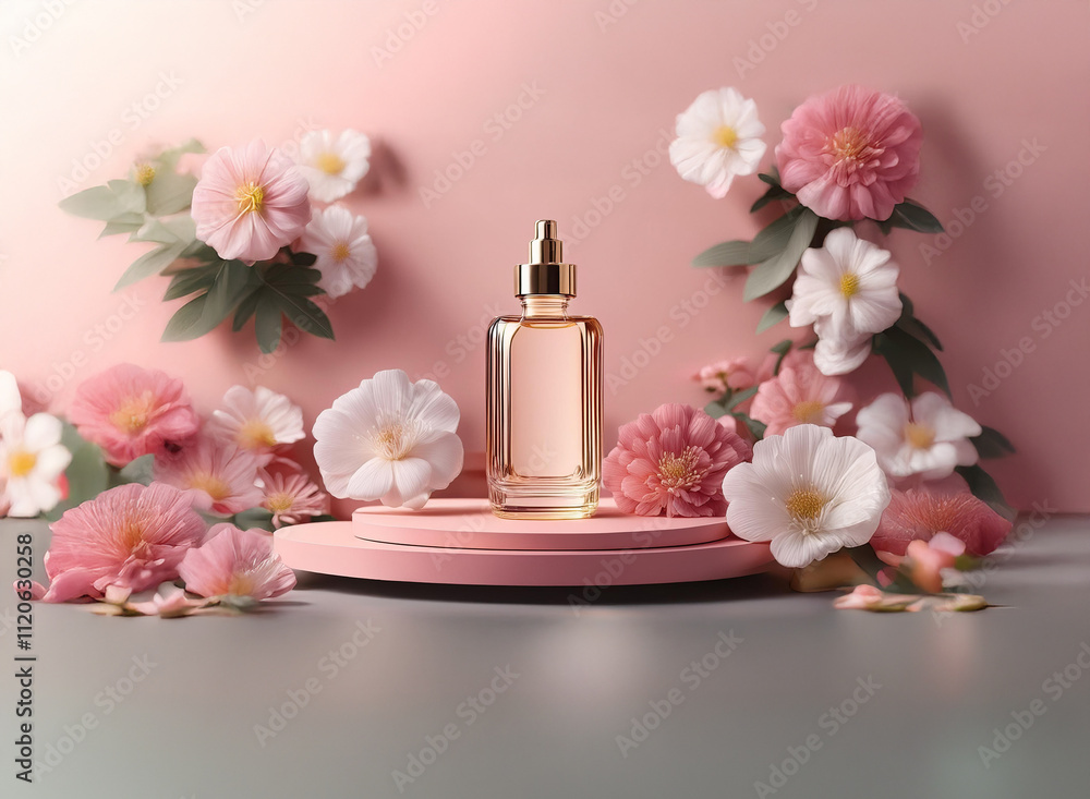 Elegant perfume bottle displayed on a pink pedestal, surrounded by delicate pink and white flowers. A sophisticated beauty product presentation. Elegant perfume bottle displayed on a pink pedestal, surrounded by delicate pink and white flowers. A sophisticated beauty product presentation.