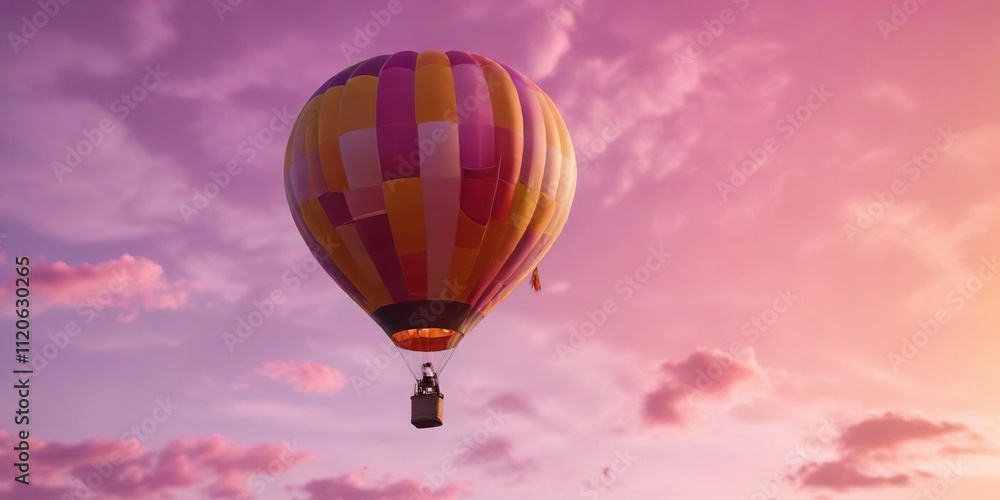 Naklejka premium Colorful hot air balloon floats in the sky with vibrant hues of orange and pink, pink, colorful