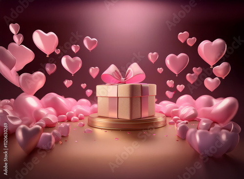 A  gift box with a pink ribbon sits on a golden pedestal, surrounded by pink heart-shaped balloons and clouds.  A romantic and festive scene perfect for Valentine's Day.