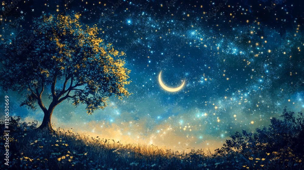 Naklejka premium Enchanting night sky with crescent moon and illuminated tree on starry hill