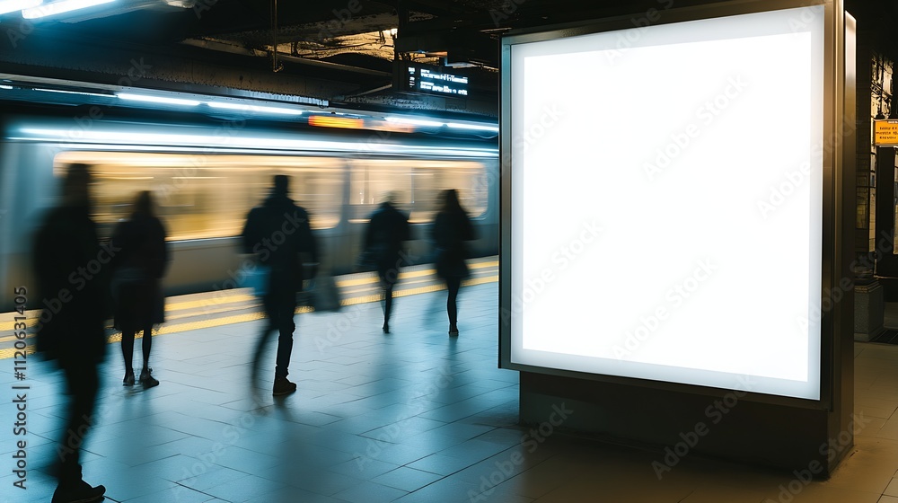 Busy Subway Station with Blurred Commuters and Blank Advertising Space : Generative AI Busy Subway Station with Blurred Commuters and Blank Advertising Space : Generative AI
