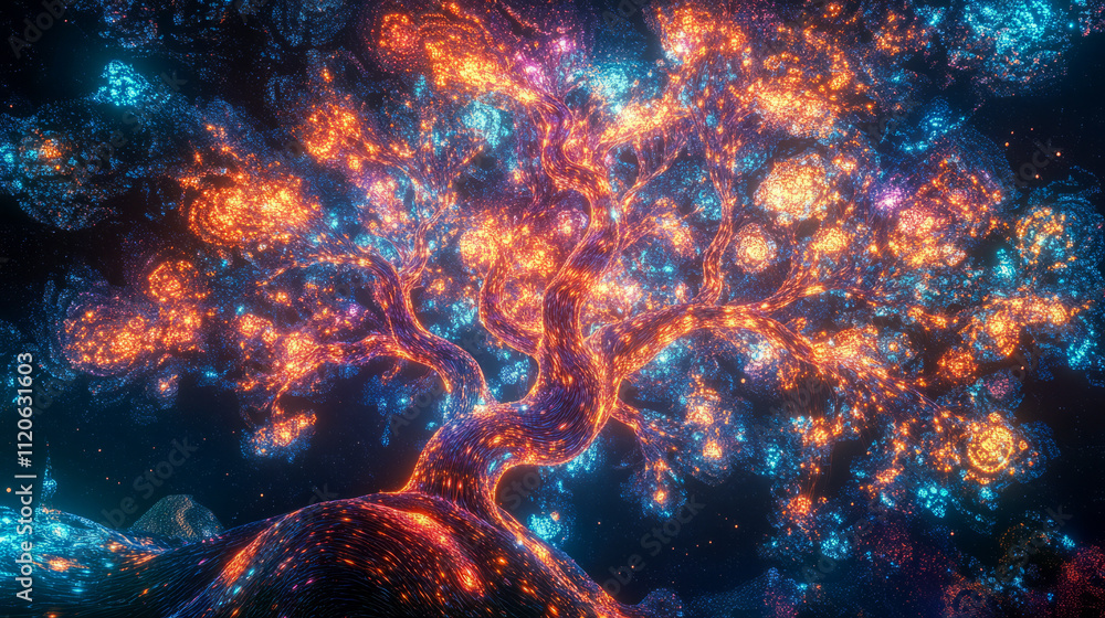 Ethereal neon tree against cosmic night sky with glowing branches and leaves Ethereal neon tree against cosmic night sky with glowing branches and leaves