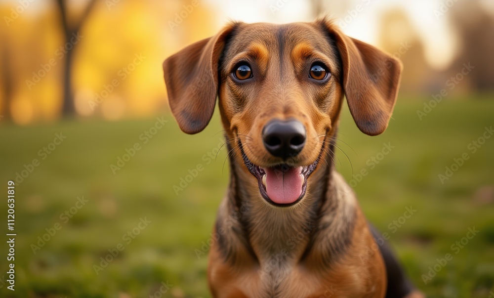 Happy brown and tan dog smiling outdoors Happy brown and tan dog smiling outdoors