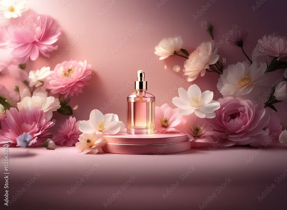 Elegant dropper bottle of perfume or serum sits on a pink pedestal, surrounded by delicate pink and white blossoms. Soft lighting enhances the luxurious feel. Elegant dropper bottle of perfume or serum sits on a pink pedestal, surrounded by delicate pink and white blossoms. Soft lighting enhances the luxurious feel.