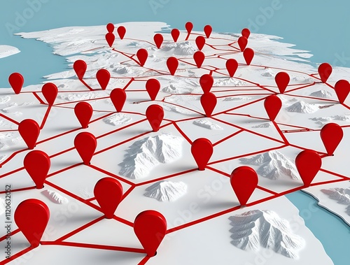 3d map with red location pins and network lines illustrating gis mapping and spatial data connections (14) photo