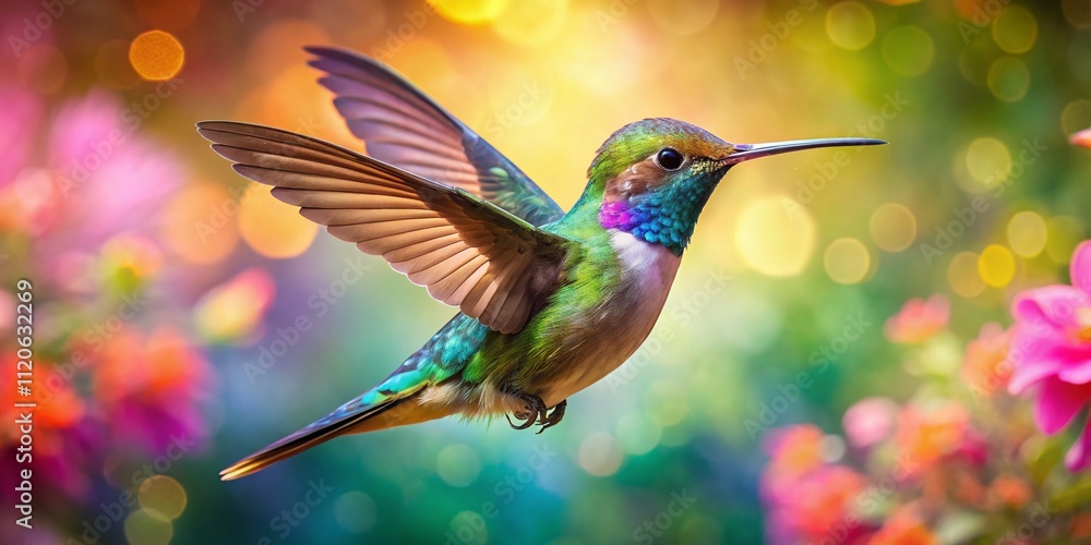 Fototapeta premium A breathtaking hummingbird in flight showcases its sparkling wings, capturing nature's beauty with vibrant feathers and a colorful backdrop, ideal for wildlife photography enthusiasts.