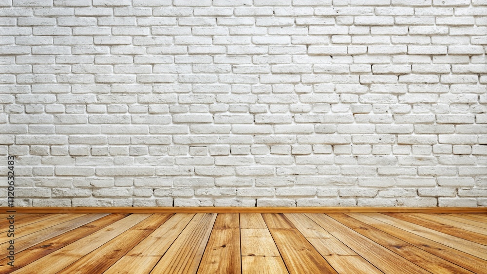 Fototapeta premium A bright, whitewashed brick wall paired with polished wooden flooring creates a serene backdrop for architectural photography and minimalist interior design in contemporary spaces.