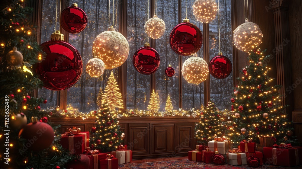 A festive room adorned with vibrant Christmas decorations, featuring a large window and an array of beautifully wrapped presents. A festive room adorned with vibrant Christmas decorations, featuring a large window and an array of beautifully wrapped presents.