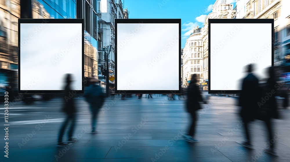 Busy urban street with three blank billboards and people walking in city center : Generative AI Busy urban street with three blank billboards and people walking in city center : Generative AI
