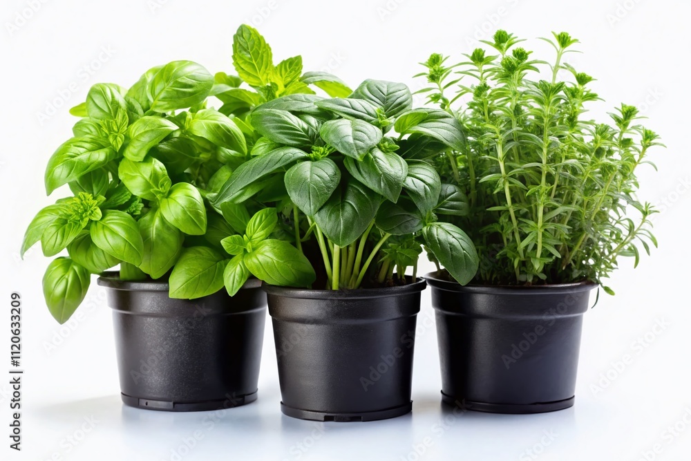 A captivating arrangement of fresh basil, mint, and thyme in sleek black pots against a white backdrop, perfect for home decor and culinary creativity.
