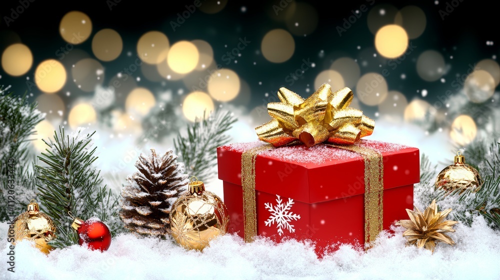 A festive red gift box adorned with a golden bow and intricate decorations rests elegantly on a blanket of soft, white snow. A festive red gift box adorned with a golden bow and intricate decorations rests elegantly on a blanket of soft, white snow.