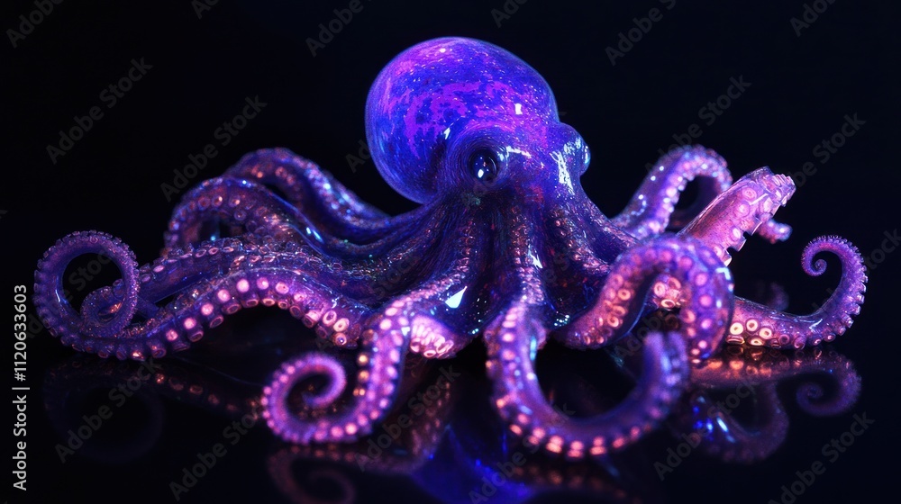 Fototapeta premium 3D holographic octopus with glowing tentacles, black background