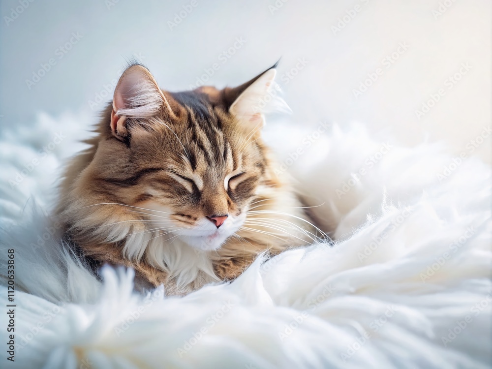 Obraz premium A cat peacefully sleeps on a pristine white bed, creating a cozy atmosphere perfect for home decor and pet lovers, evoking a serene and tranquil vibe.
