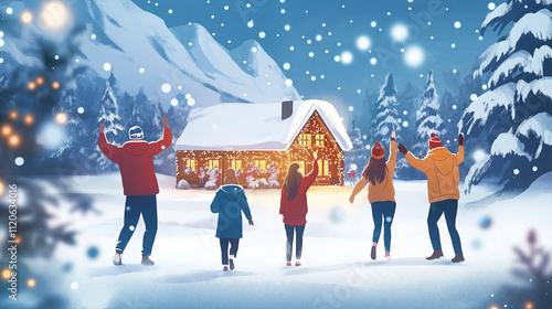 A cheerful group of friends bundled up in winter clothing celebrates New Year’s Eve outdoors near a a cozy cabin. Surrounded by snowy mountains, pine trees.