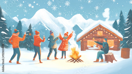 A cheerful group of friends bundled up in winter clothing celebrates New Year’s Eve outdoors near a a cozy cabin. Surrounded by snowy mountains, pine trees.